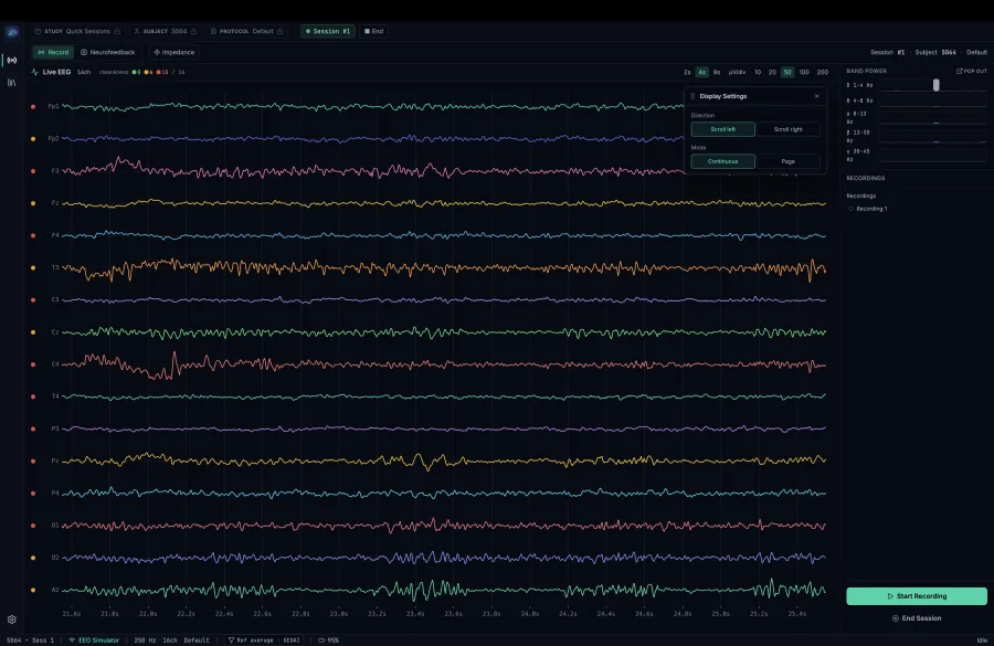 NeuroFlux - live 16-channel EEG with band power readouts